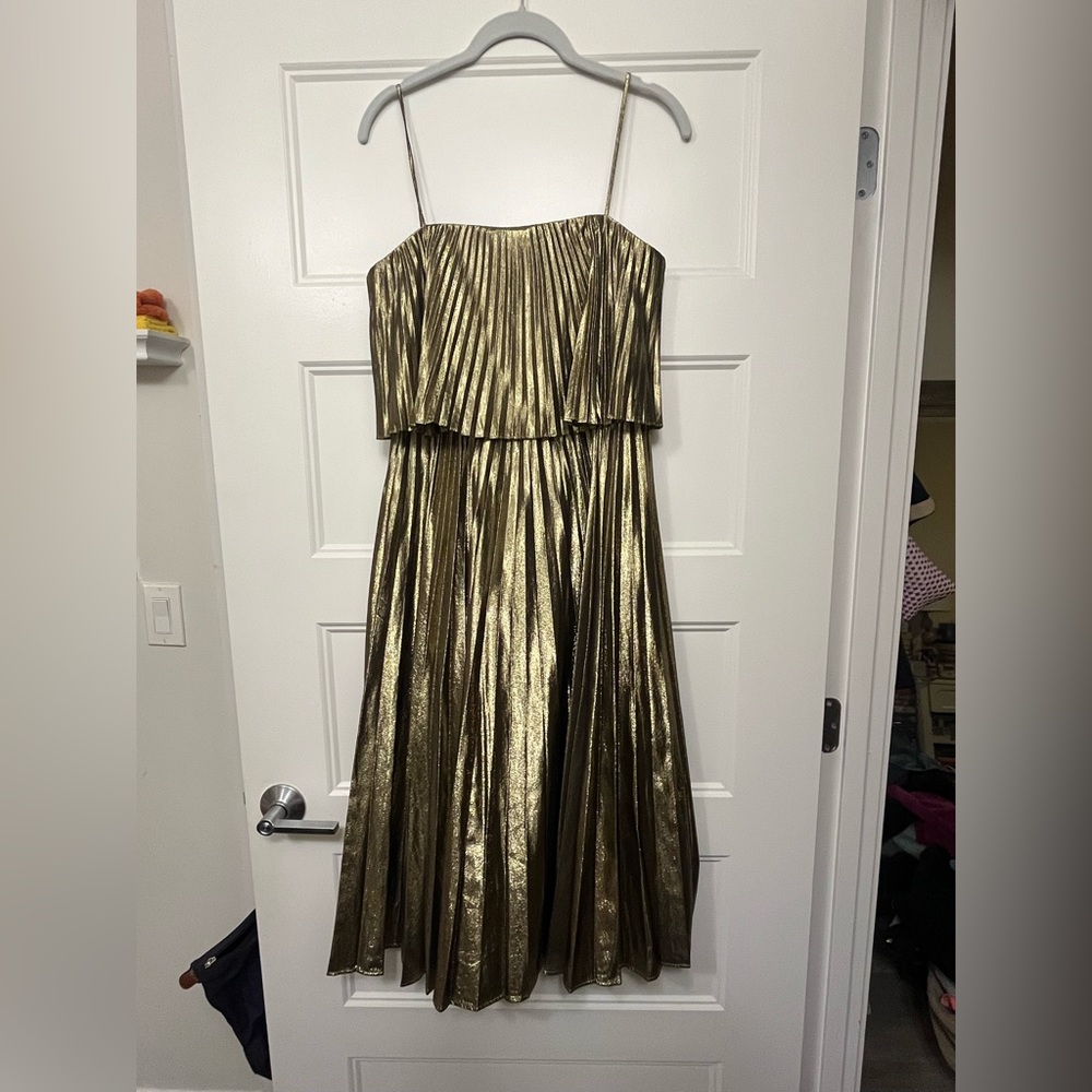 J. Crew Collection Gold Pleated Midi Dress